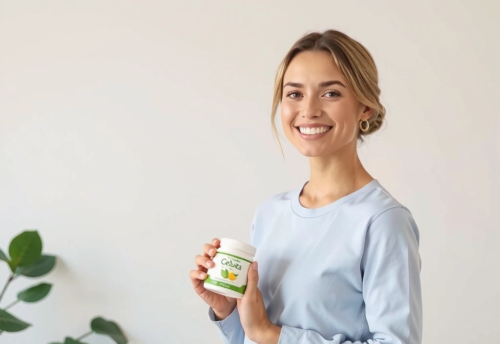 Femeie zâmbitoare care ține un produs Calulavitacz