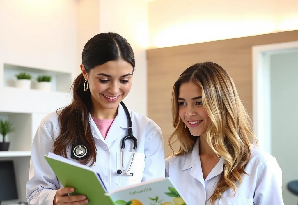 O doctoriță zâmbitoare care explică beneficiile produselor Calulavitacz unei cliente