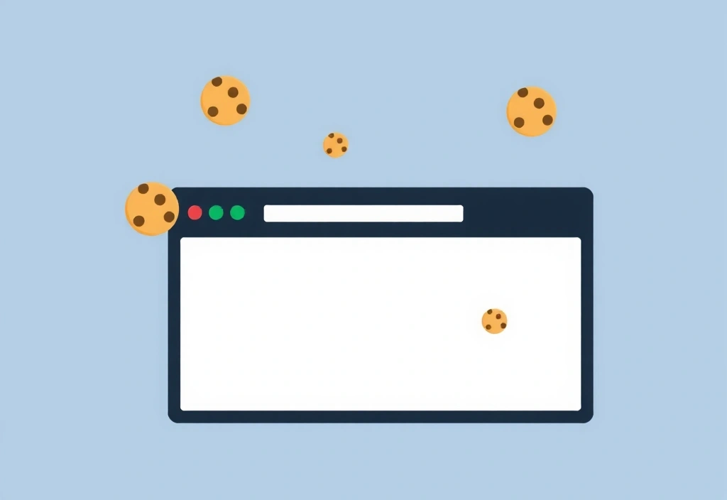 Ilustrație cu un browser web și iconițe de cookie-uri, reprezentând date și confidențialitate online.