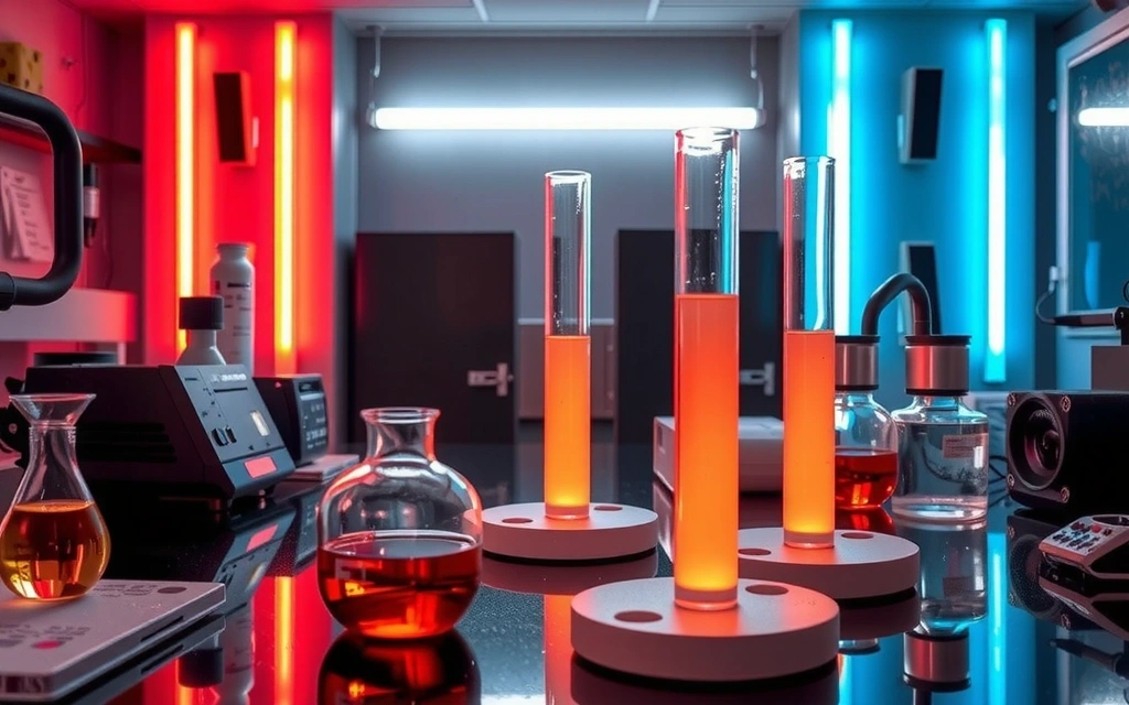 Imagine cu un laborator științific modern, cu eprubete luminoase și echipamente hi-tech, accentuând lumina neon