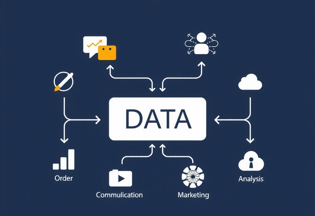 Ilustrație a unui proces complex de prelucrare a datelor, cu săgeți și iconițe reprezentând diverse funcții: comandă, comunicare, analiză, marketing.